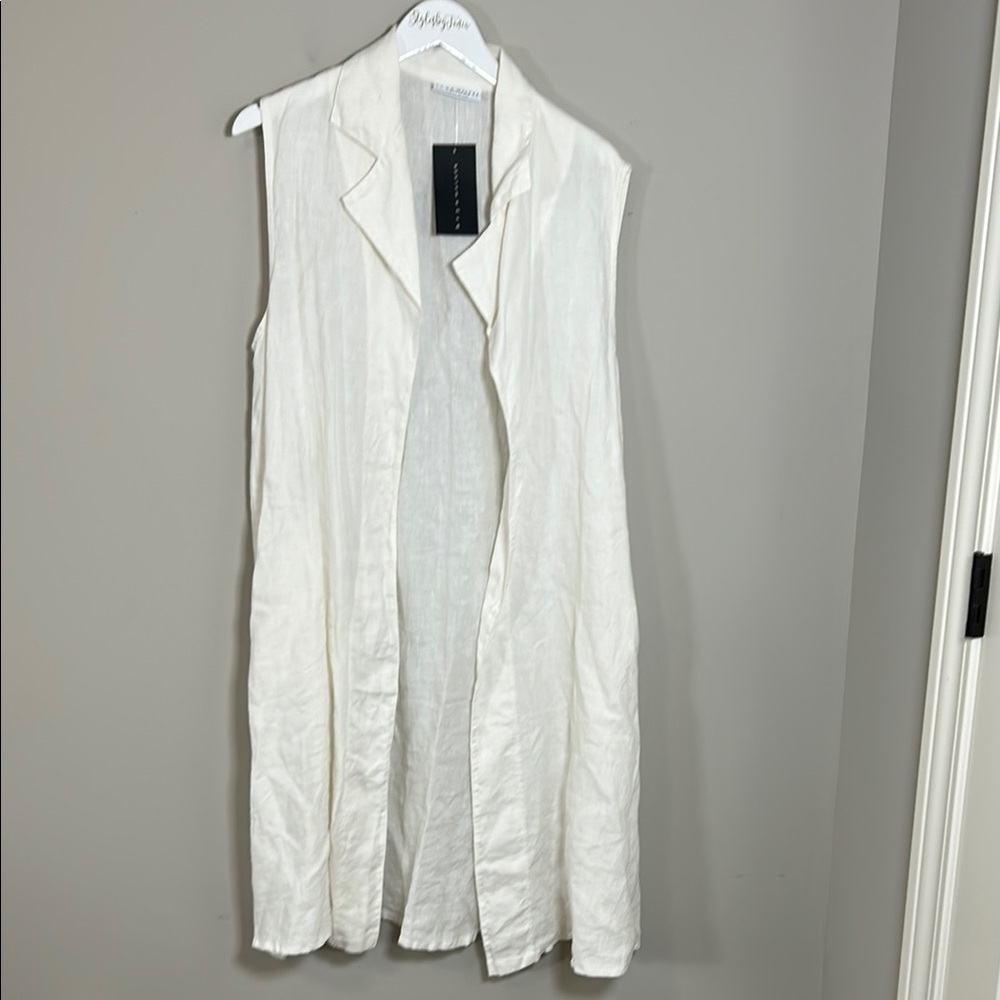 Bryn Walker Marcelina Vest Cream Linen Duster Open Front Pockets Sz L NEW